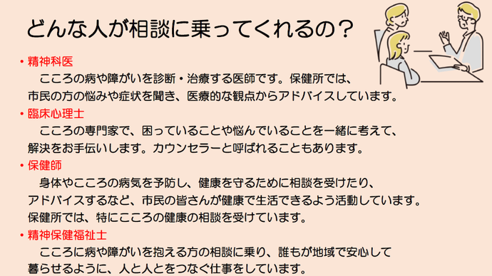 精神科医、臨床心理士、保健師、精神保健福祉士などが相談に乗ります。