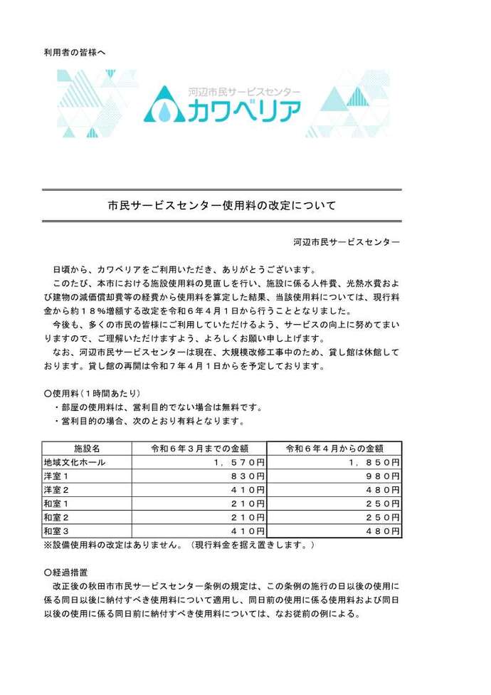 市民サービスセンター使用料の改定について