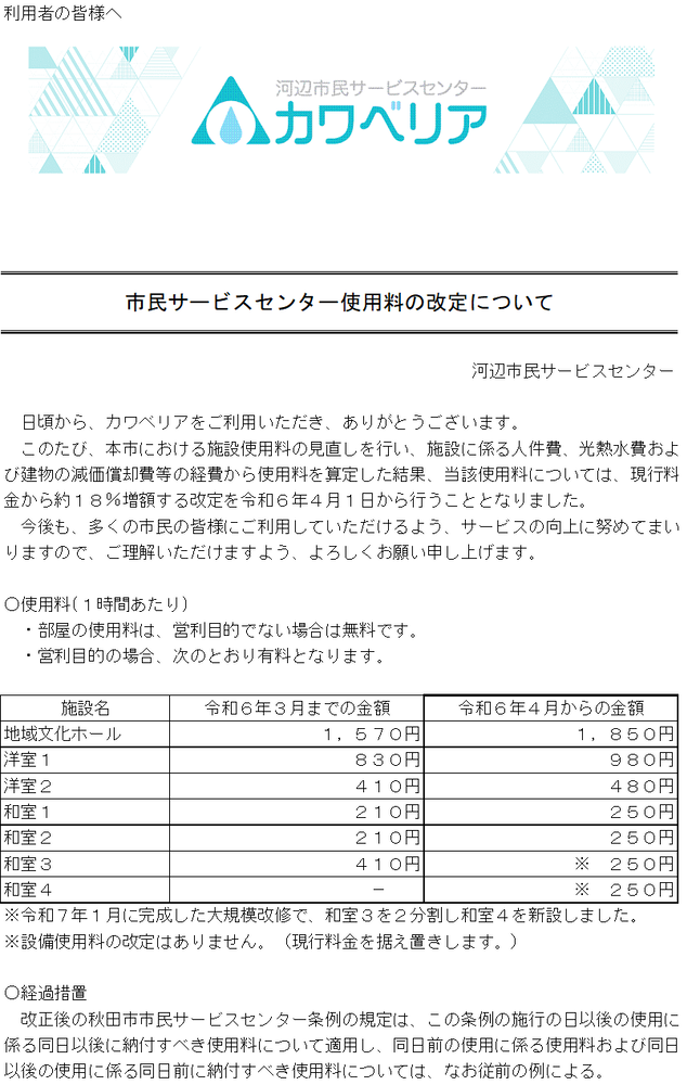 市民サービスセンター使用料の改定について