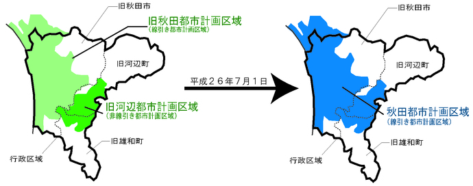 秋田市の新旧都市計画区域の比較画像：従来の都市計画区域は、旧秋田市都市計画区域と（線引き都市計画区域）と旧河辺都市計画区域（非線引き都市計画区域）に分かれていましたが、平成26年7月1日より、これらが統合され現在の秋田都市計画区域となり、区域全体が線引き都市計画区域となりました。