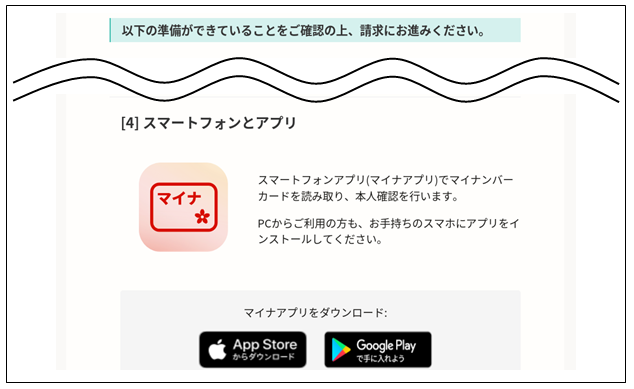 図：電子署名が必要な手続きの例（申請手続きページの説明画面にスマートフォンとアプリが必要と記載されている）
